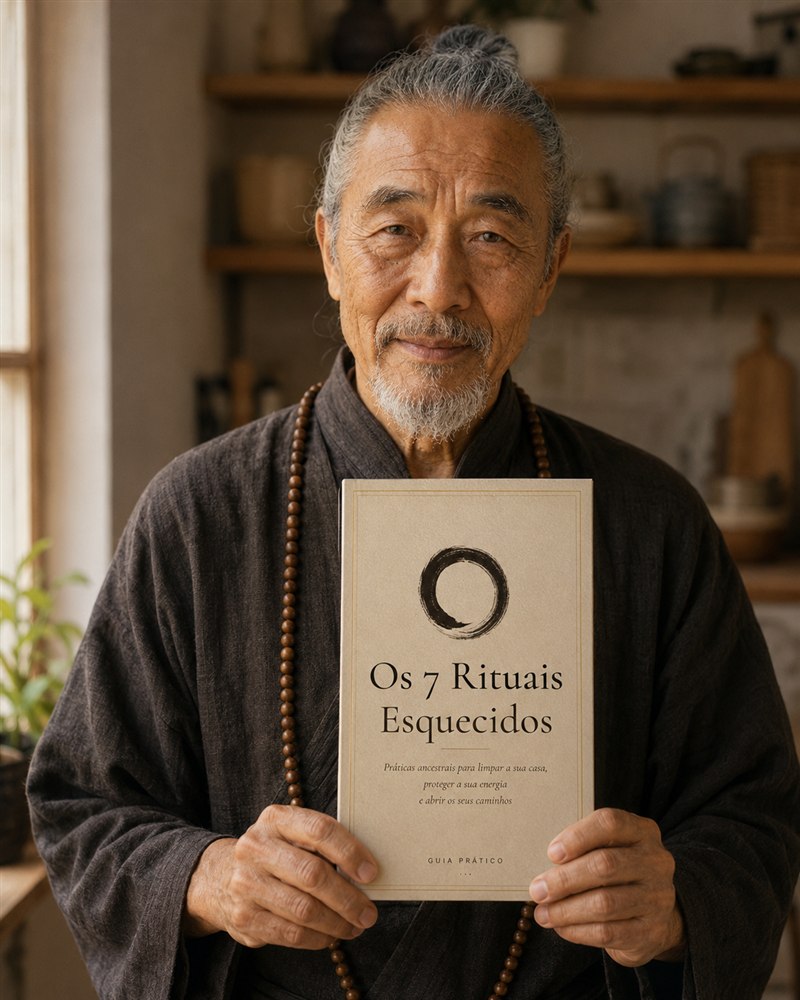Mestre Satori segurando o livro Os 7 Rituais Esquecidos